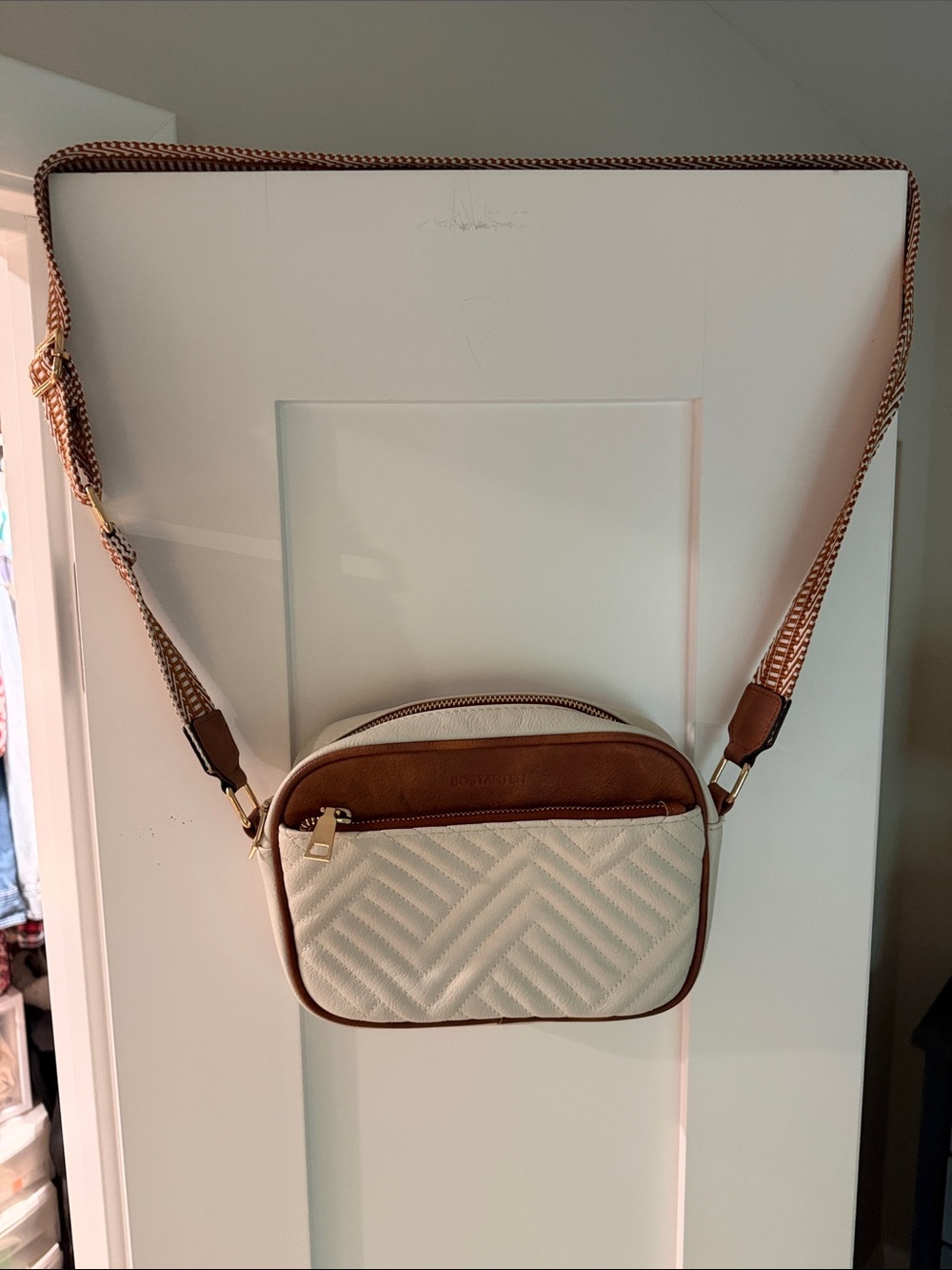 Cream Quilted Crossbody with Tan Trim and Adjustable Patterned Strap